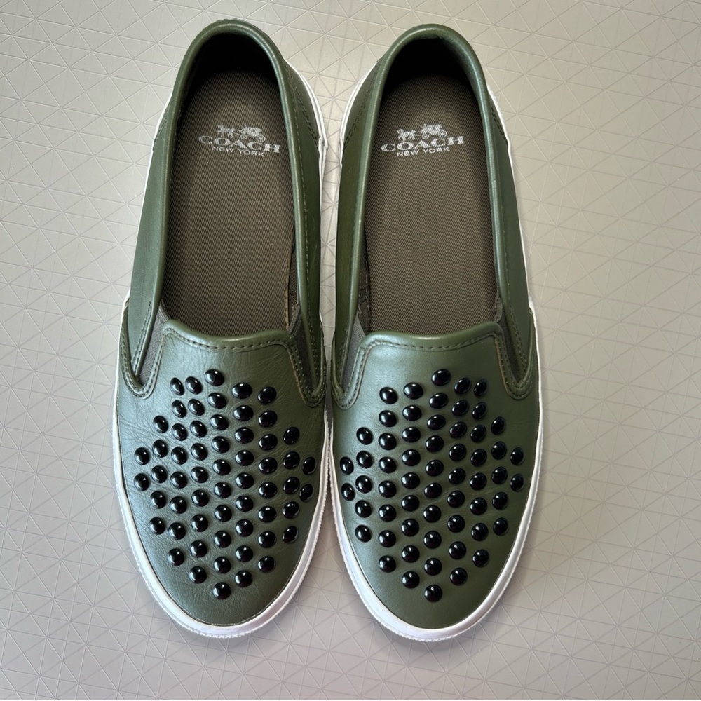 Coach Chrissy Rivets Slip-On Sneakers Olive Green Leather 8.5